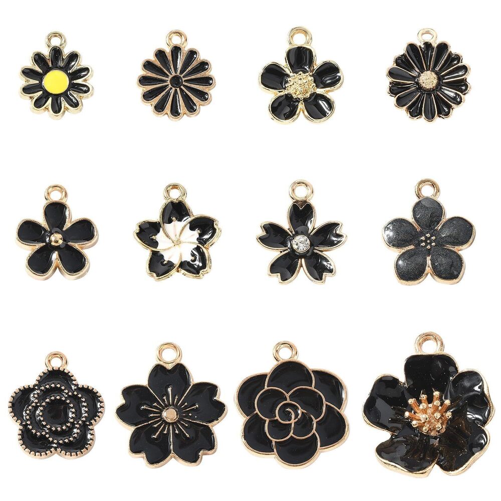 7996 60 pcs 12 Styles Black Flower Theme Enamel Charms Sunflower Daisy